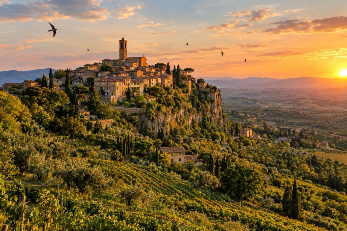 An Italian hill village at sunset